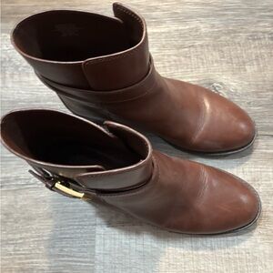 Tory Burch Brown Leather Ankle Booties with Gold Buckle